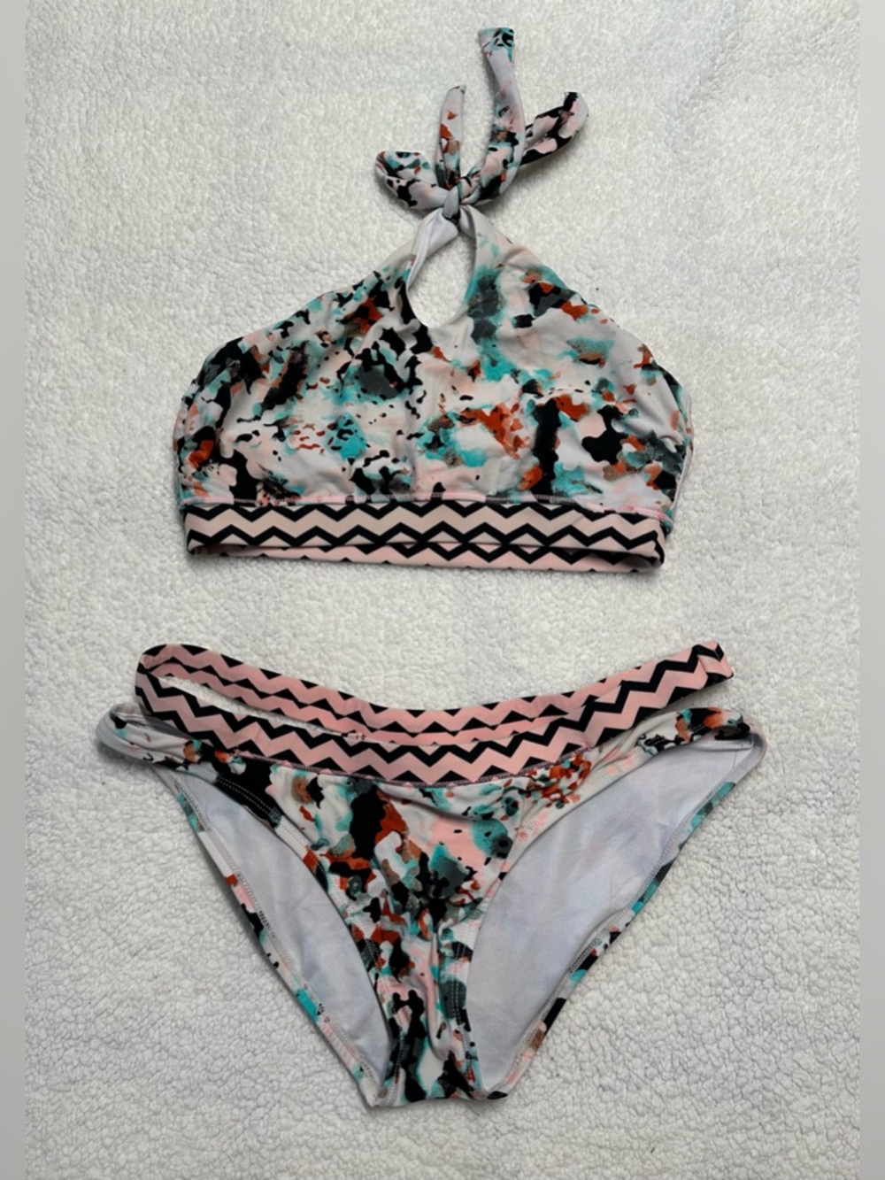 Hula Honey Multicolor Abstract Print Bikini - Pink, Teal, Black